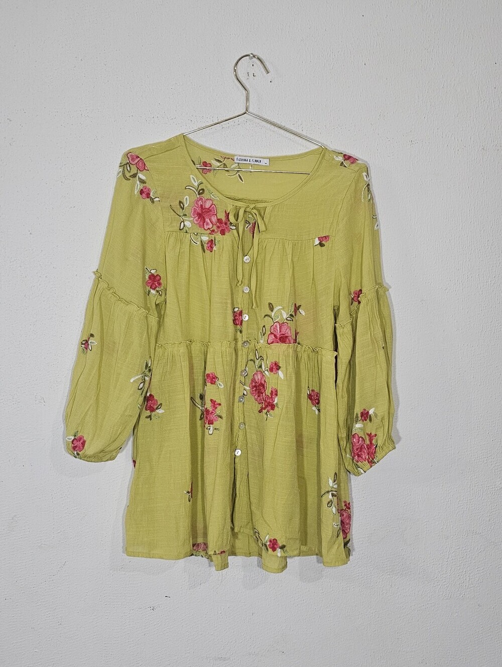 Floral Tie-Front Peasant Blouse in Chartreuse with Pink Embroidery Sz L Summer
